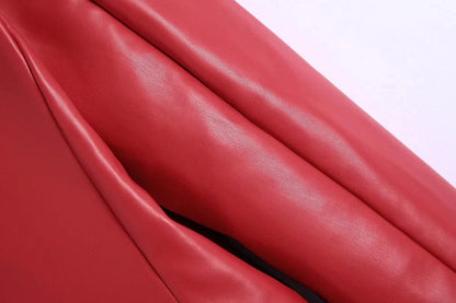Women Fashion Notched Double Breasted PU Leather Blazers Coat Casual Straight Long Sleeve Back Vents Female Outerwear Chic Tops