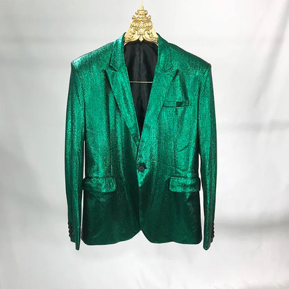 Bar Nightclub Shinny Silver Blue Green Blazer For Male Singer Host Stage Performance Costume Thin Style Slim One Button Coat