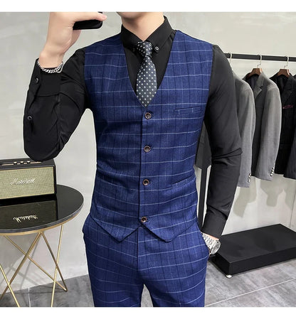 (Jackets +Pants+Vest) Luxury Men Groom Wedding Tuxedo Fashion Plaid Business Suits High Quality Casual Business Suit Three-piece