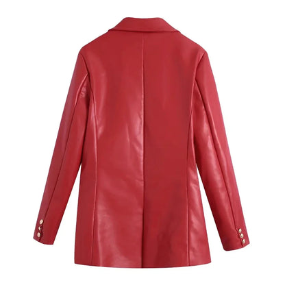 Women Fashion Notched Double Breasted PU Leather Blazers Coat Casual Straight Long Sleeve Back Vents Female Outerwear Chic Tops