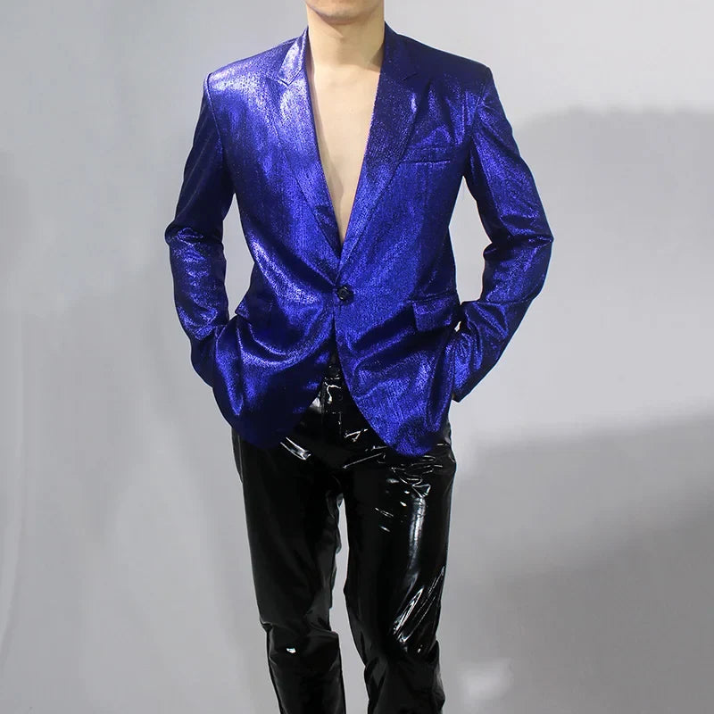 Bar Nightclub Shinny Silver Blue Green Blazer For Male Singer Host Stage Performance Costume Thin Style Slim One Button Coat