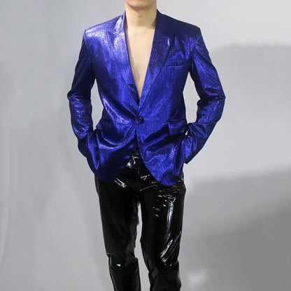 Bar Nightclub Shinny Silver Blue Green Blazer For Male Singer Host Stage Performance Costume Thin Style Slim One Button Coat