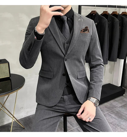 Plus Size S-7XL Man Korean Slim Fit Custom Groom Business Casual Tuxedo Blazers Vest Pant Casual Wedding Social Tuxedo Dress