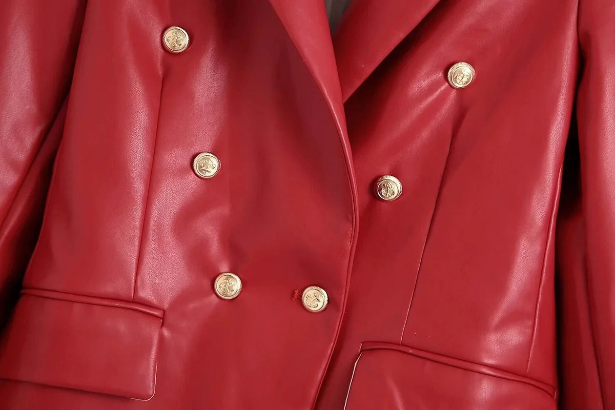 Women Fashion Notched Double Breasted PU Leather Blazers Coat Casual Straight Long Sleeve Back Vents Female Outerwear Chic Tops