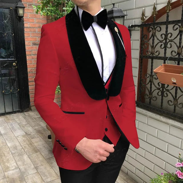 Fashion Men's Suit 3 Pieces Slim Fit Prom Tuxedos Tweed Shawl Lapel Wedding Grooms Blazer Vest Pants Wholesale
