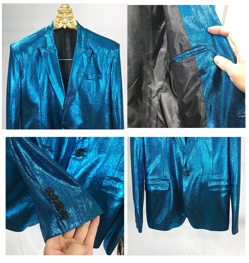 Bar Nightclub Shinny Silver Blue Green Blazer For Male Singer Host Stage Performance Costume Thin Style Slim One Button Coat