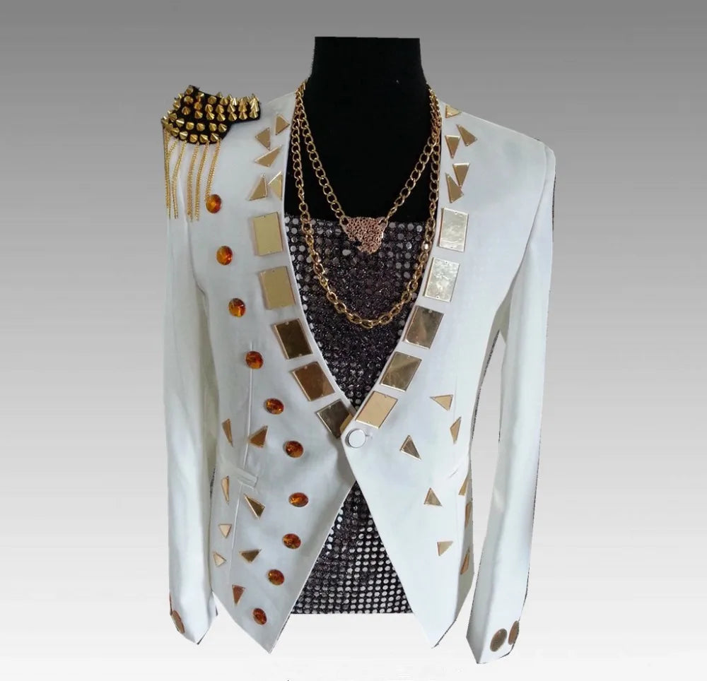 Men's Fashion Silver Black Rivet Sequined Slim Fit Jacket Punk Style Stage Performance Coat Bar Singer Host Nightclub Stage Wear