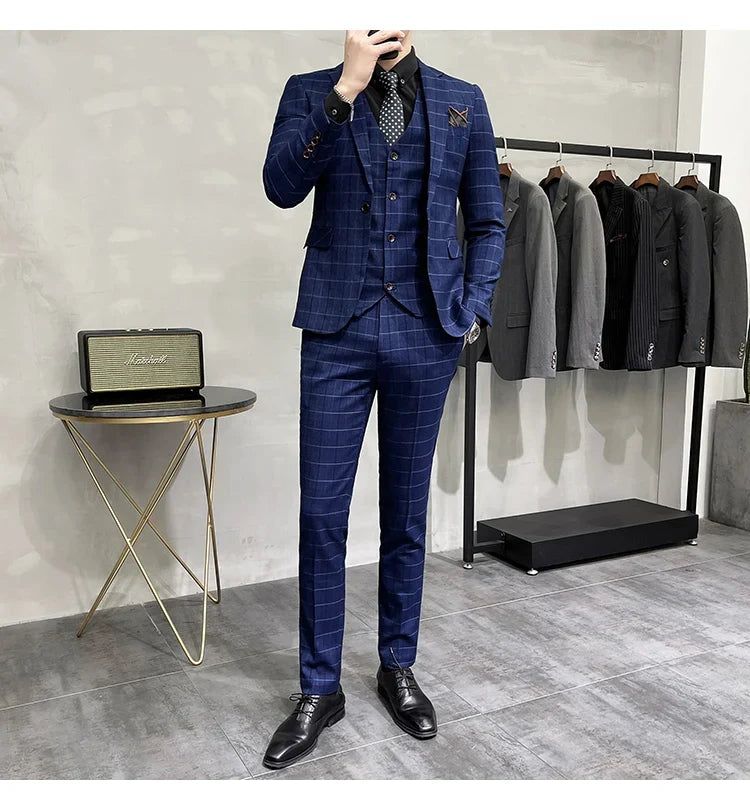 (Jackets +Pants+Vest) Luxury Men Groom Wedding Tuxedo Fashion Plaid Business Suits High Quality Casual Business Suit Three-piece