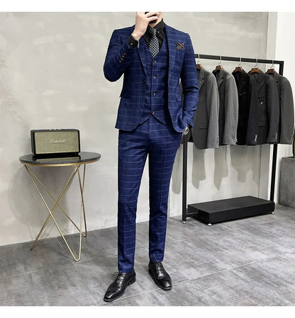 (Jackets +Pants+Vest) Luxury Men Groom Wedding Tuxedo Fashion Plaid Business Suits High Quality Casual Business Suit Three-piece