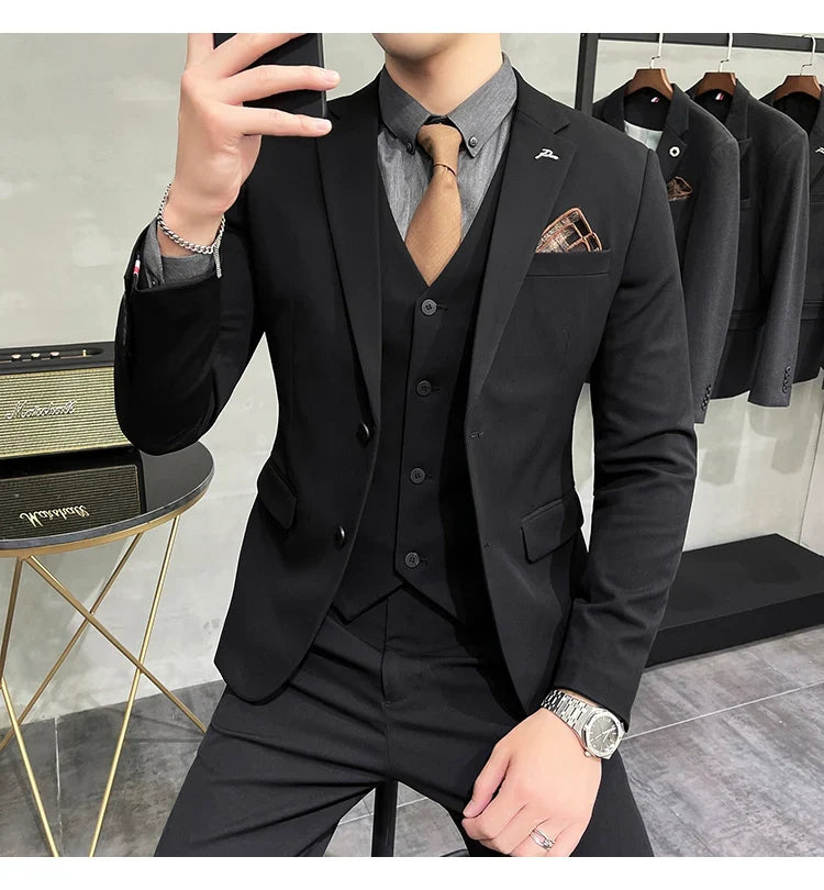 Plus Size S-7XL Man Korean Slim Fit Custom Groom Business Casual Tuxedo Blazers Vest Pant Casual Wedding Social Tuxedo Dress