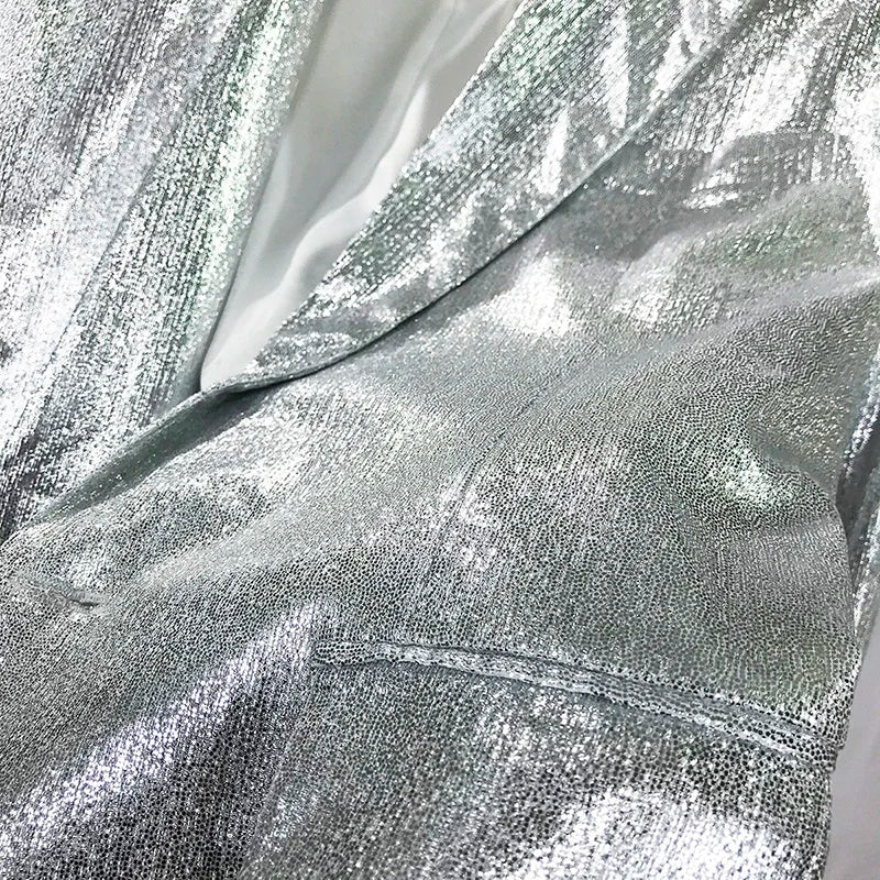 Bar Nightclub Shinny Silver Blue Green Blazer For Male Singer Host Stage Performance Costume Thin Style Slim One Button Coat