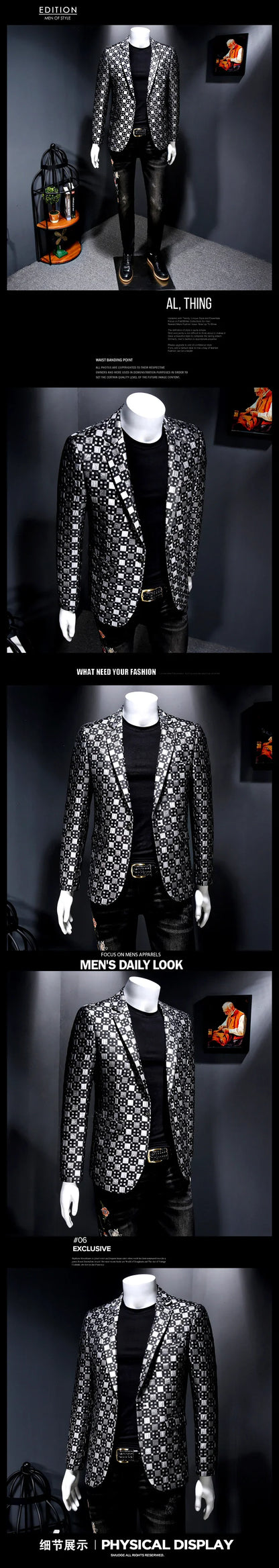 Autumn New Luxury Men Slim Fit Lattice Stage Casual Suit Coat New Silver Burgundy Green Men Groom Wedding Suit Lattice Coats