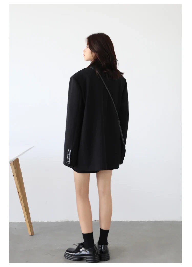 Women Office Lady Blazer Cuff Embroidery Wide Shoulder Twill Suit Women's Autumn Ladies Outerwear  Stylish Tops