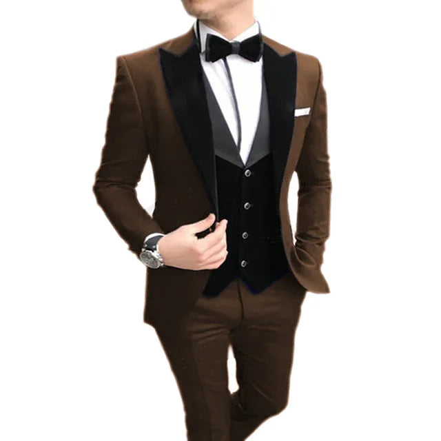 Brown Men wedding Suits Casual Slim Fit Black Notch Lapel Vest Best Man Tuxedos For Wedding Party Suits (Blazer+vest+Pants)