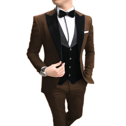 Brown Men wedding Suits Casual Slim Fit Black Notch Lapel Vest Best Man Tuxedos For Wedding Party Suits (Blazer+vest+Pants)