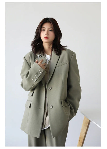 Women Office Lady Blazer Cuff Embroidery Wide Shoulder Twill Suit Women's Autumn Ladies Outerwear  Stylish Tops