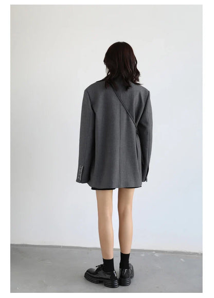 Women Office Lady Blazer Cuff Embroidery Wide Shoulder Twill Suit Women's Autumn Ladies Outerwear  Stylish Tops