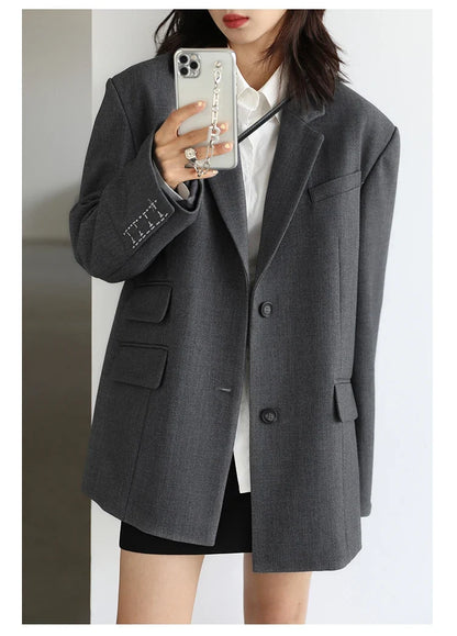 Women Office Lady Blazer Cuff Embroidery Wide Shoulder Twill Suit Women's Autumn Ladies Outerwear  Stylish Tops