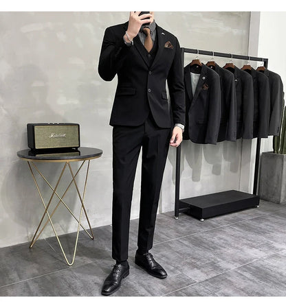 Plus Size S-7XL Man Korean Slim Fit Custom Groom Business Casual Tuxedo Blazers Vest Pant Casual Wedding Social Tuxedo Dress