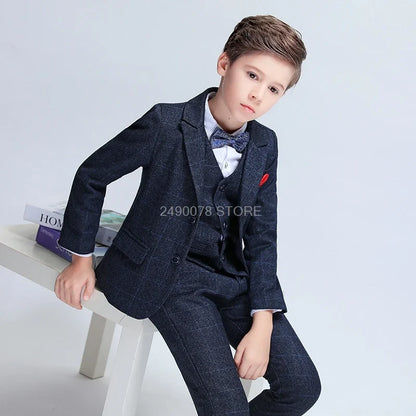 Flower Boys Formal School Suits for Weddings Boys Brand Plaid Blazer Vest Pants 3pcs Tuxedo Kids Prom Party Dress Clothing Sets