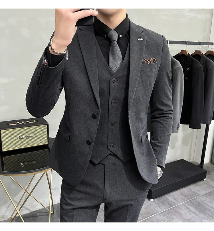 Plus Size S-7XL Man Korean Slim Fit Custom Groom Business Casual Tuxedo Blazers Vest Pant Casual Wedding Social Tuxedo Dress