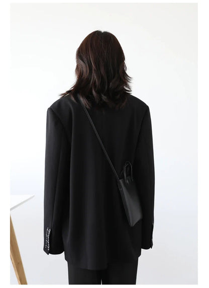 Women Office Lady Blazer Cuff Embroidery Wide Shoulder Twill Suit Women's Autumn Ladies Outerwear  Stylish Tops