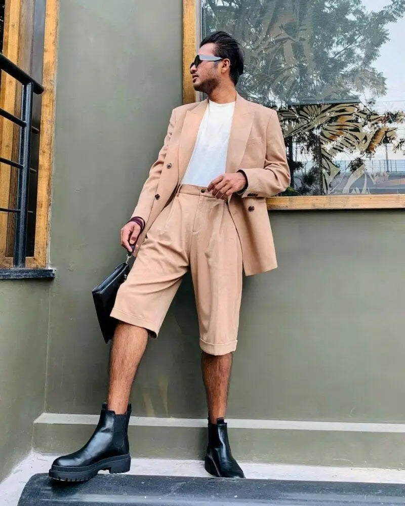 Costume Homme Summer Stylish Men's Suits Tailor-Made 2 Piece Suit Double Breasted Blazer and Short Pants Set Customized