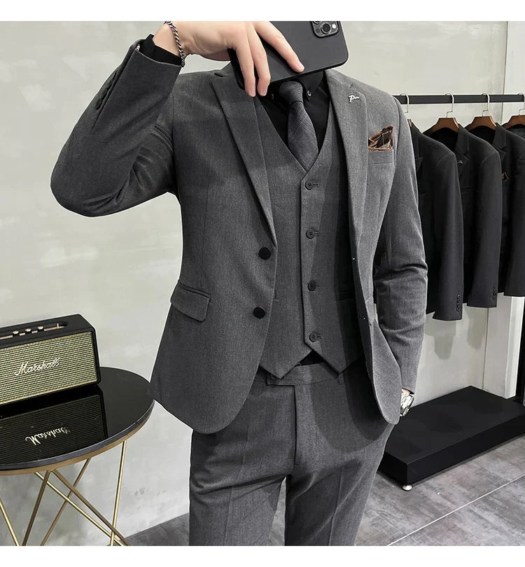 Plus Size S-7XL Man Korean Slim Fit Custom Groom Business Casual Tuxedo Blazers Vest Pant Casual Wedding Social Tuxedo Dress