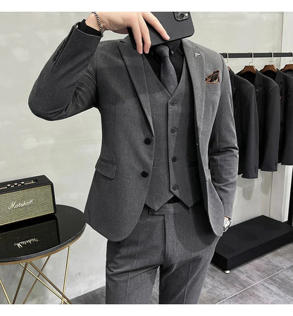 Plus Size S-7XL Man Korean Slim Fit Custom Groom Business Casual Tuxedo Blazers Vest Pant Casual Wedding Social Tuxedo Dress