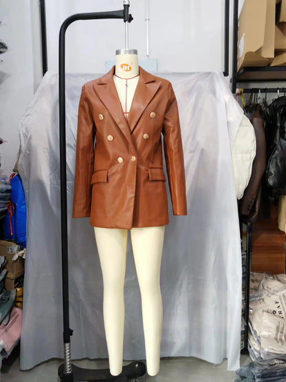 Women Fashion Notched Double Breasted PU Leather Blazers Coat Casual Straight Long Sleeve Back Vents Female Outerwear Chic Tops
