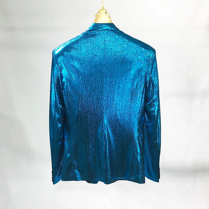 Bar Nightclub Shinny Silver Blue Green Blazer For Male Singer Host Stage Performance Costume Thin Style Slim One Button Coat