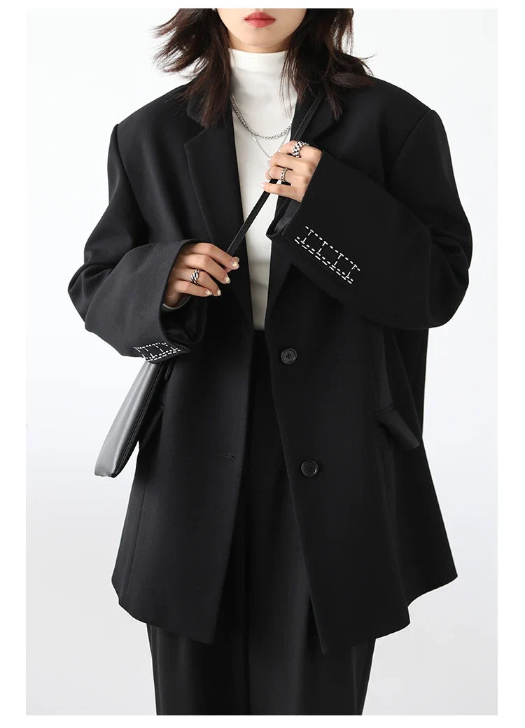Women Office Lady Blazer Cuff Embroidery Wide Shoulder Twill Suit Women's Autumn Ladies Outerwear  Stylish Tops