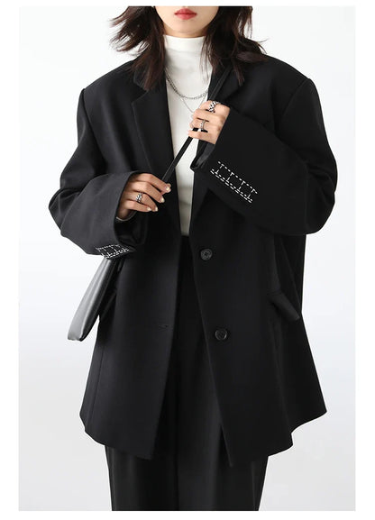 Women Office Lady Blazer Cuff Embroidery Wide Shoulder Twill Suit Women's Autumn Ladies Outerwear  Stylish Tops