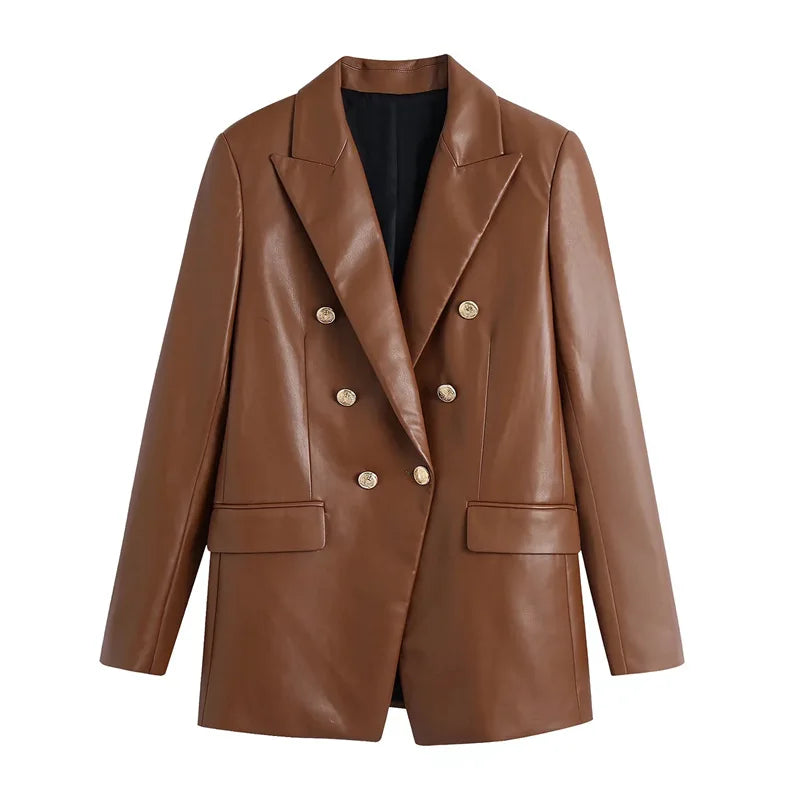 Women Fashion Notched Double Breasted PU Leather Blazers Coat Casual Straight Long Sleeve Back Vents Female Outerwear Chic Tops