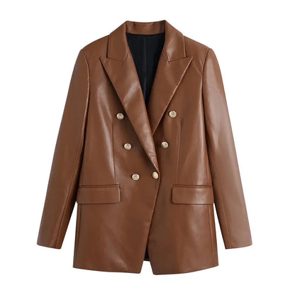 Women Fashion Notched Double Breasted PU Leather Blazers Coat Casual Straight Long Sleeve Back Vents Female Outerwear Chic Tops