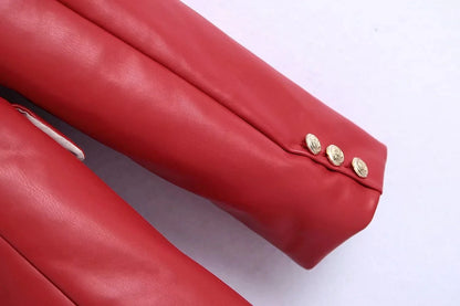 Women Fashion Notched Double Breasted PU Leather Blazers Coat Casual Straight Long Sleeve Back Vents Female Outerwear Chic Tops