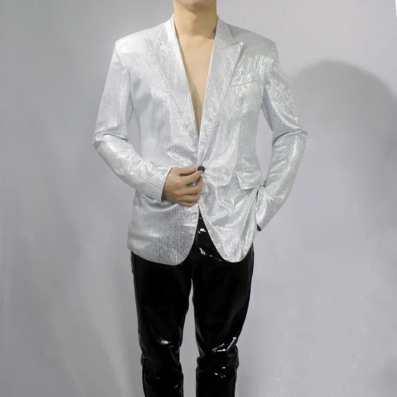 Bar Nightclub Shinny Silver Blue Green Blazer For Male Singer Host Stage Performance Costume Thin Style Slim One Button Coat
