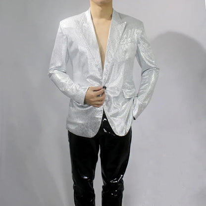 Bar Nightclub Shinny Silver Blue Green Blazer For Male Singer Host Stage Performance Costume Thin Style Slim One Button Coat