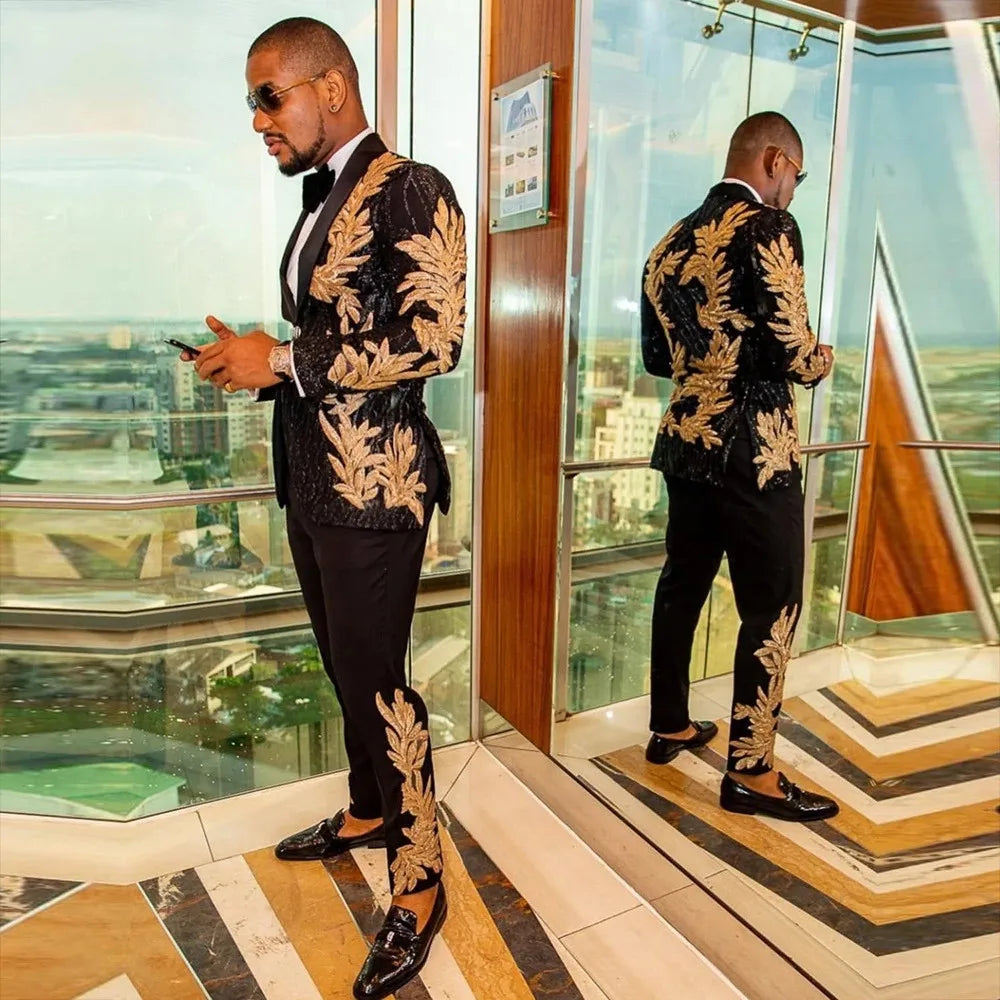 Men Suits Tailor-Made 2 Pieces High Quality Gold Sequin Applique Suit Casual Suit Jacket Singer Performance Wedding Customized
