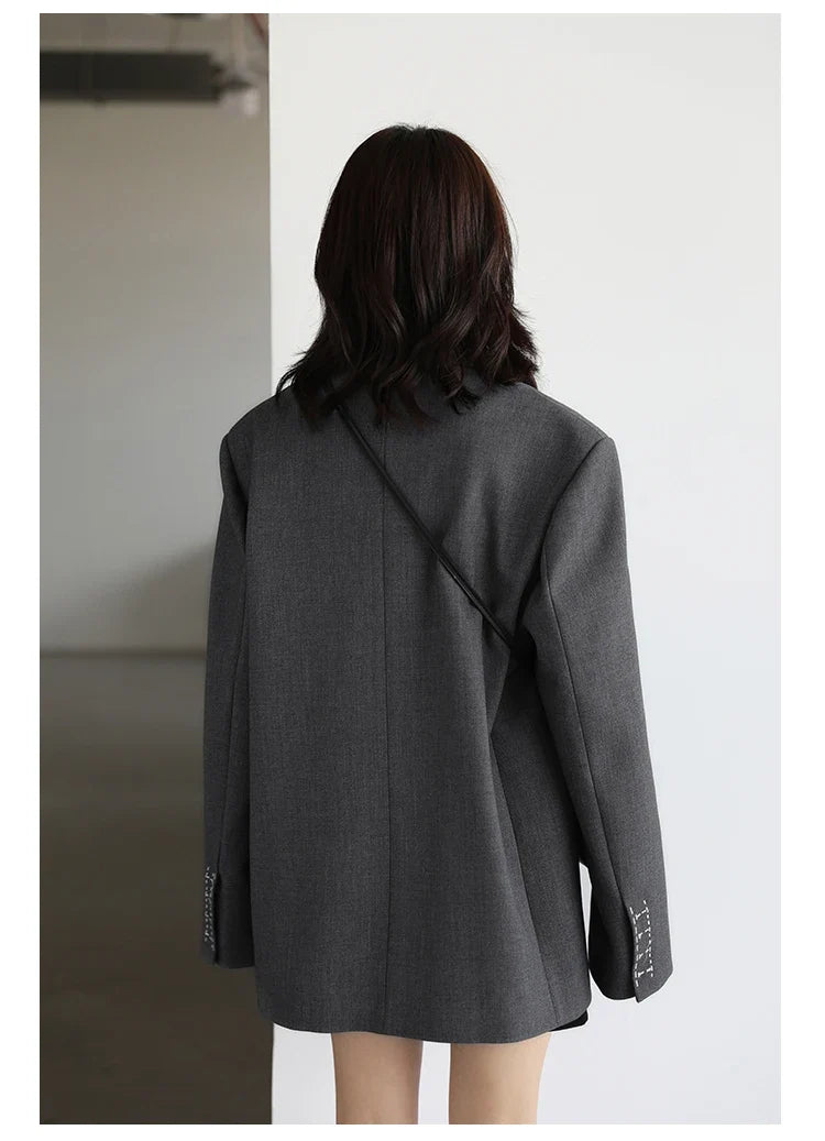 Women Office Lady Blazer Cuff Embroidery Wide Shoulder Twill Suit Women's Autumn Ladies Outerwear  Stylish Tops