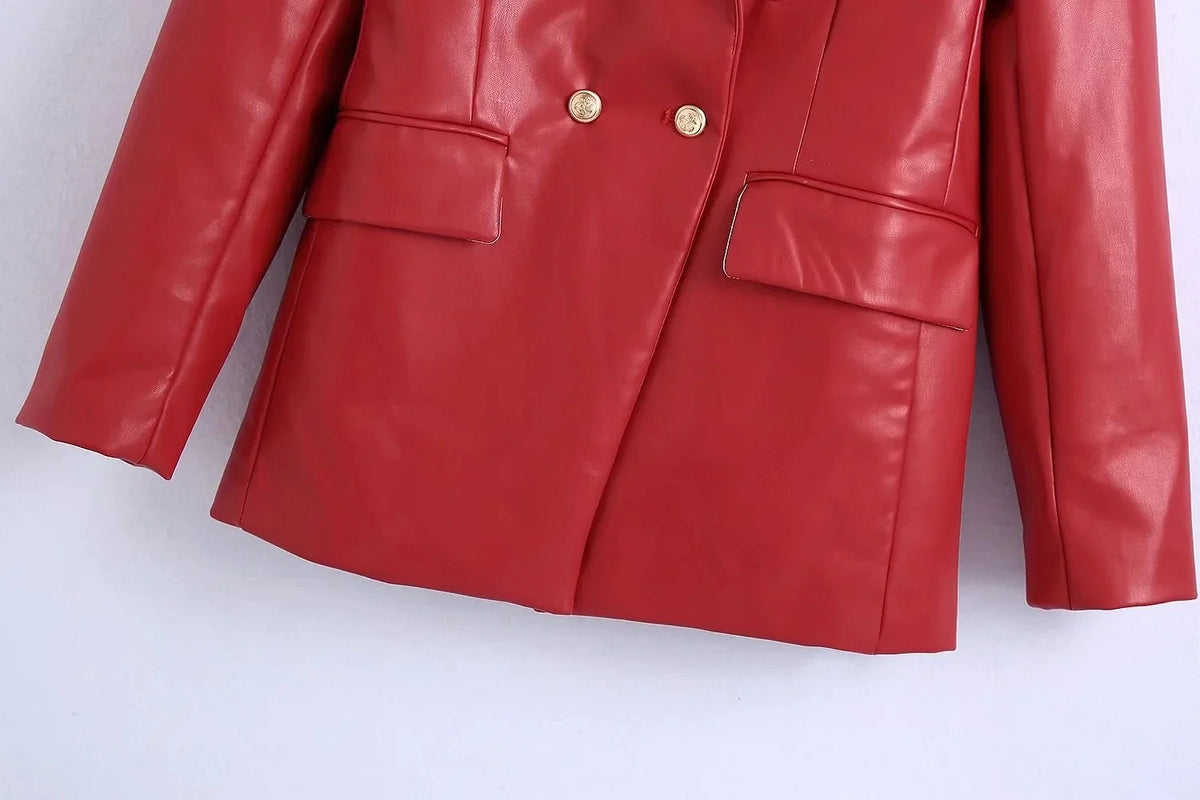 Women Fashion Notched Double Breasted PU Leather Blazers Coat Casual Straight Long Sleeve Back Vents Female Outerwear Chic Tops