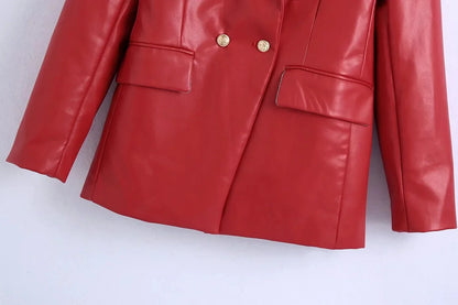 Women Fashion Notched Double Breasted PU Leather Blazers Coat Casual Straight Long Sleeve Back Vents Female Outerwear Chic Tops