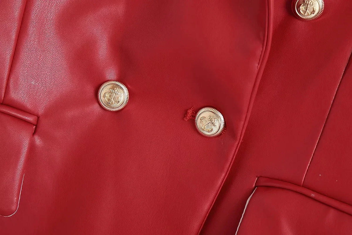 Women Fashion Notched Double Breasted PU Leather Blazers Coat Casual Straight Long Sleeve Back Vents Female Outerwear Chic Tops