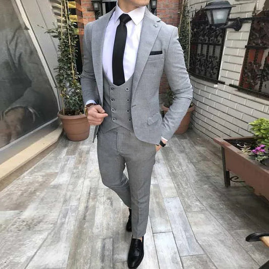 Gray Slim Fit Men Suit For Groom Tuxedos 3 Piece Male Fashion Set Jacket With Pants Vest For Wedding Evening Prom