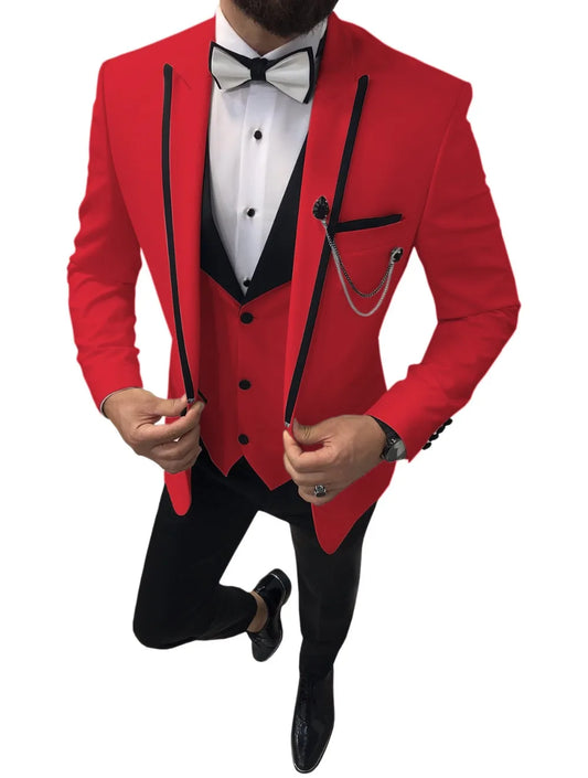 Men Suits 3 Pieces Slim Fit One Button Casual Business Groomsmen Brown Peak Lapel Tuxedos For Formal Wedding(Blazer+Pants+Vest)