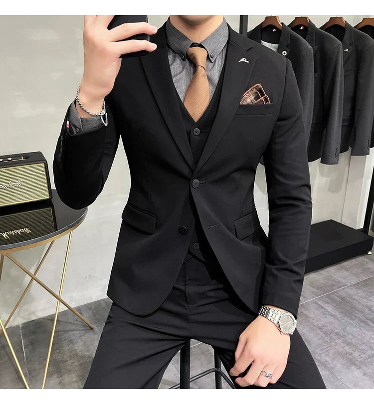 Plus Size S-7XL Man Korean Slim Fit Custom Groom Business Casual Tuxedo Blazers Vest Pant Casual Wedding Social Tuxedo Dress