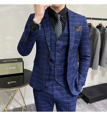 (Jackets +Pants+Vest) Luxury Men Groom Wedding Tuxedo Fashion Plaid Business Suits High Quality Casual Business Suit Three-piece