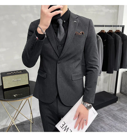 Plus Size S-7XL Man Korean Slim Fit Custom Groom Business Casual Tuxedo Blazers Vest Pant Casual Wedding Social Tuxedo Dress