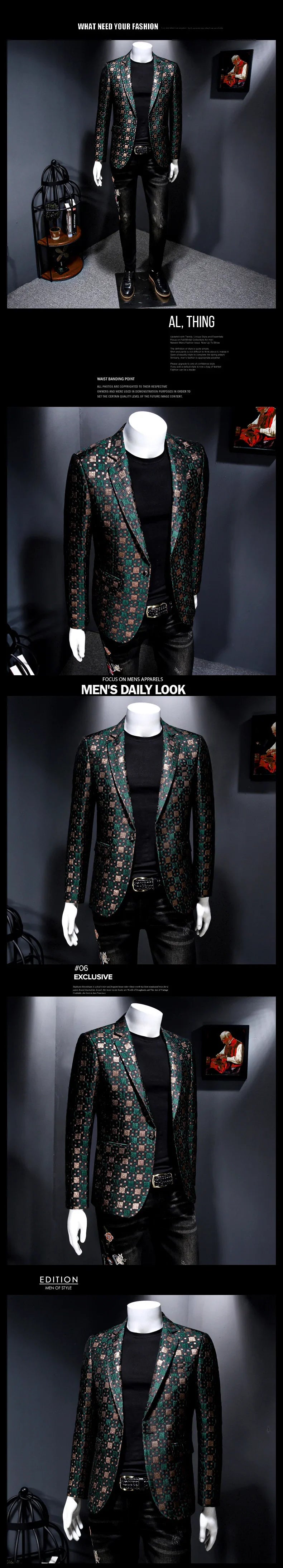 Autumn New Luxury Men Slim Fit Lattice Stage Casual Suit Coat New Silver Burgundy Green Men Groom Wedding Suit Lattice Coats
