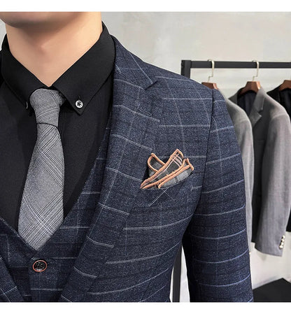(Jackets +Pants+Vest) Luxury Men Groom Wedding Tuxedo Fashion Plaid Business Suits High Quality Casual Business Suit Three-piece